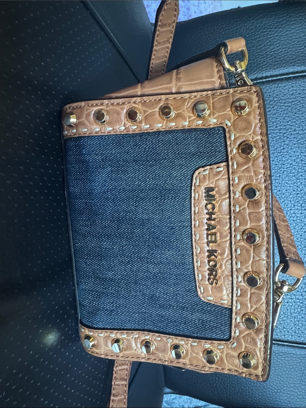 Michael Kors Tan Leather-Trim Denim Crossbody with Gold Studs